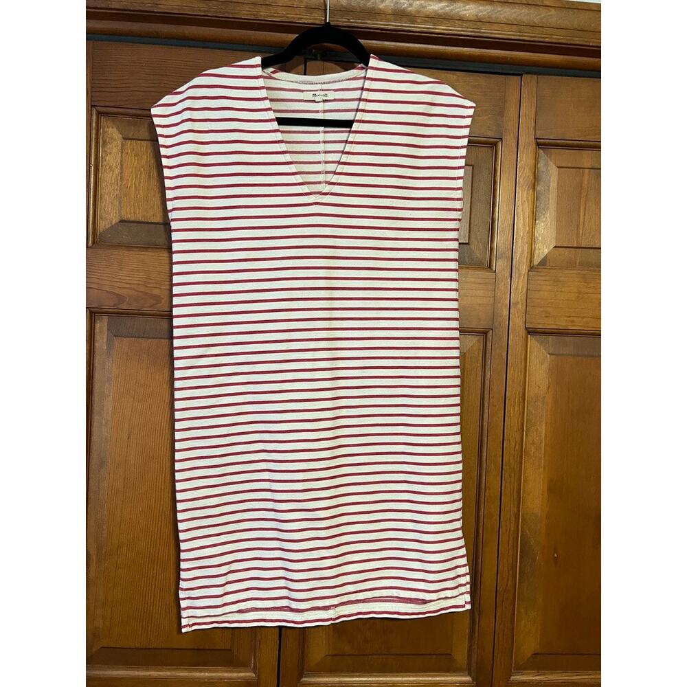 Madewell Women's Vacances Striped Sleeveless Shift Dress Red Cream V-Neck SZ XS - Picture 2 of 8